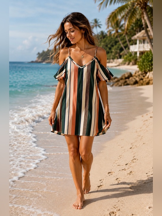 A Classy Chic Boutique Dresses & Skirts - Cold Shoulder Romantic Striped Preppy Tunic Mini Dress Coastal Resort Cover Up M